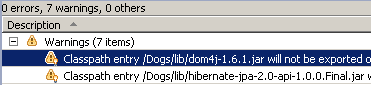 Classpath entry /Dogs/lib/dom4j-1.6.1.jar will not be exported or published. Runtime ClassNotFoundExceptions may result